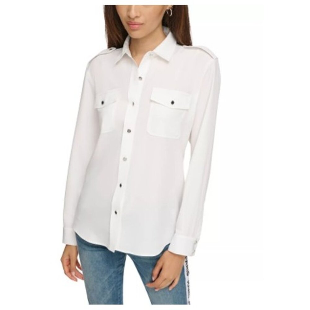 Karl Lagerfeld Paris White Epaulette Button Up Shirt XL